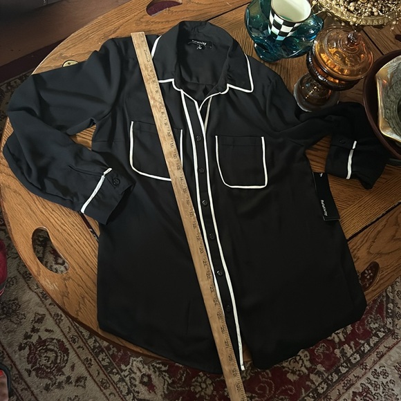 Sheer Black & White Blouse with Roll Tab Sleeves and Chest Pockets - Picture 10 of 14